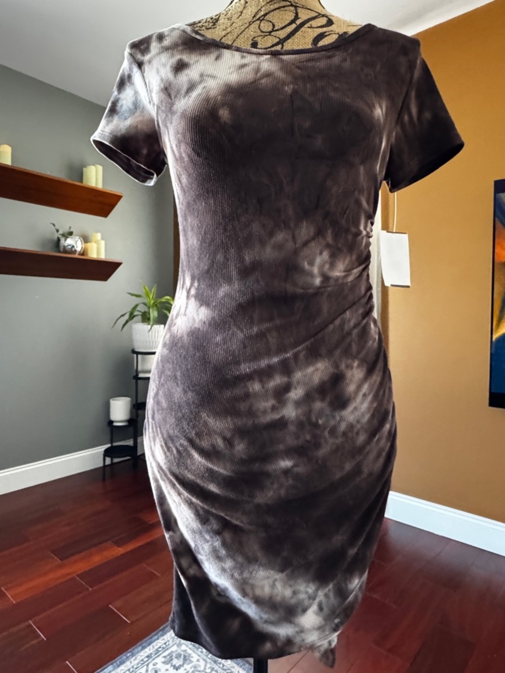 Tie-Dye Short Sleeve Bodycon Dress in Brown/White